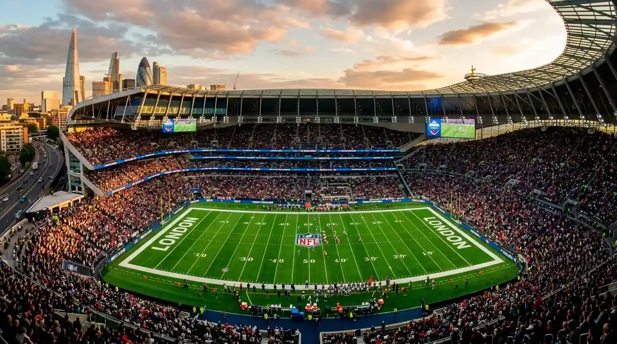 NFL game action at Tottenham Hotspur Stadium in London — the UK's dedicated NFL venue